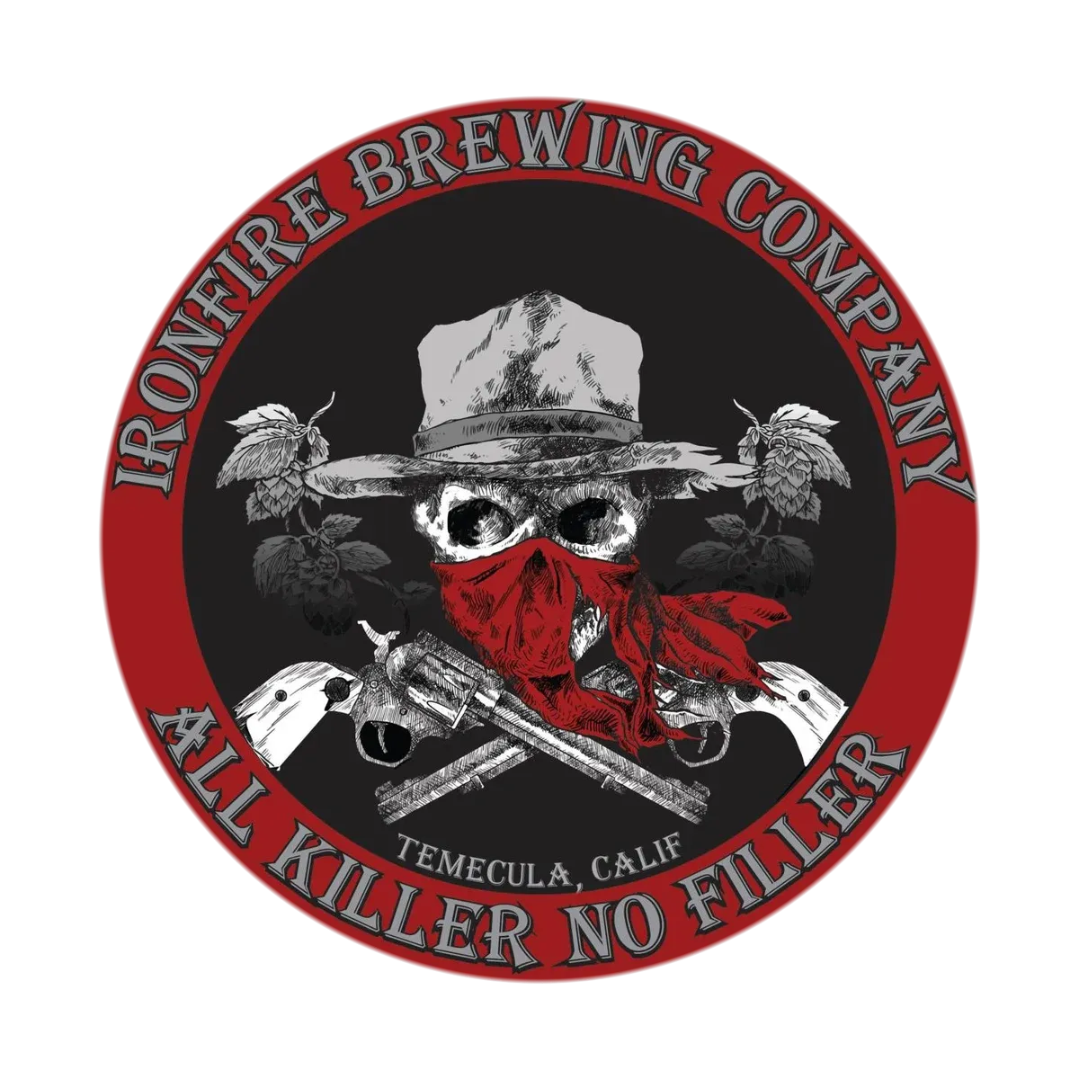 The Ironfire Brewing Company badge: a bandana-masked skull over crossed revolvers, ringed by the words All Killer No Filler.
