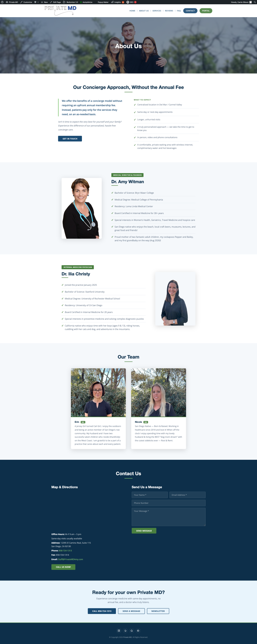 Private MD Amy "About Us" page featuring headshots and bios of Dr. Amy Witman, Dr. Ilia Christy, and their care team, plus a contact form and office details.