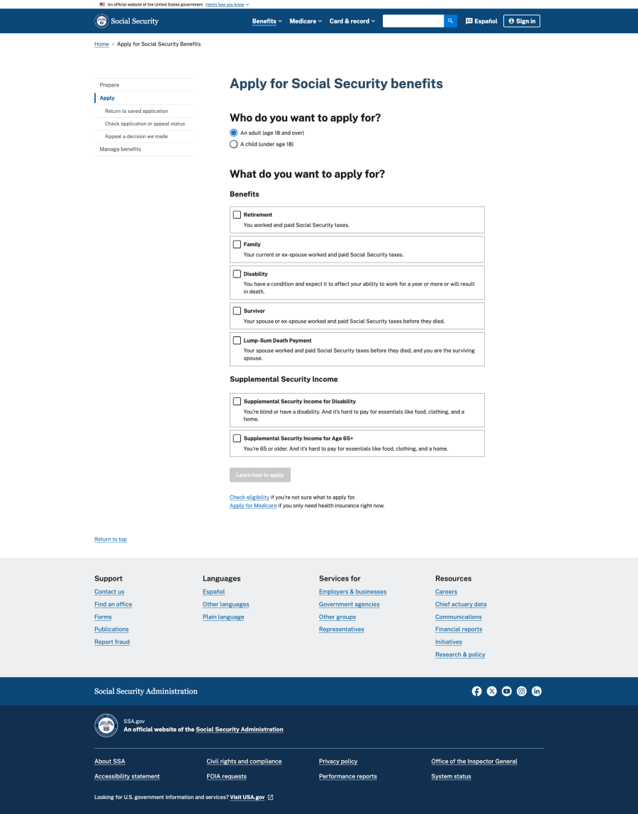 Screenshot of the SSA.gov "Apply for Social Security benefits" page, showing benefit type selection checkboxes for retirement, family, disability, survivor, and supplemental income.
