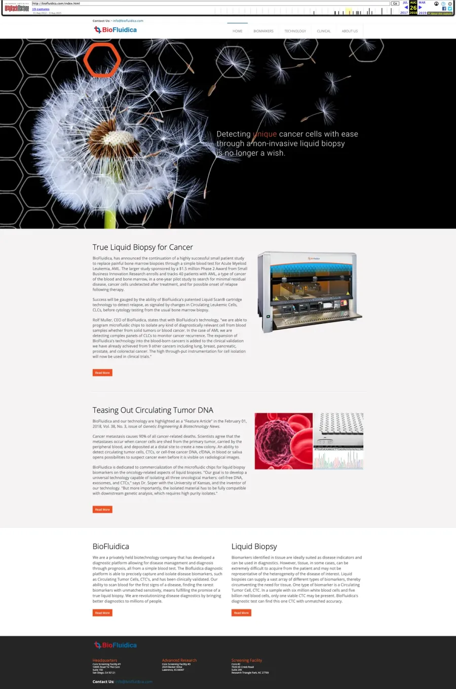 Archived BioFluidica homepage featuring a dandelion hero image and articles on liquid biopsy technology for detecting circulating tumor cells.