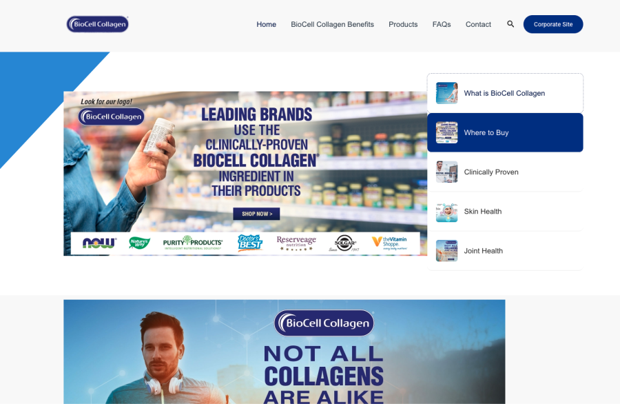 BioCell Collagen ingredient brand homepage showing a retail shelf banner promoting the clinically proven ingredient alongside a sidebar of health topic links.