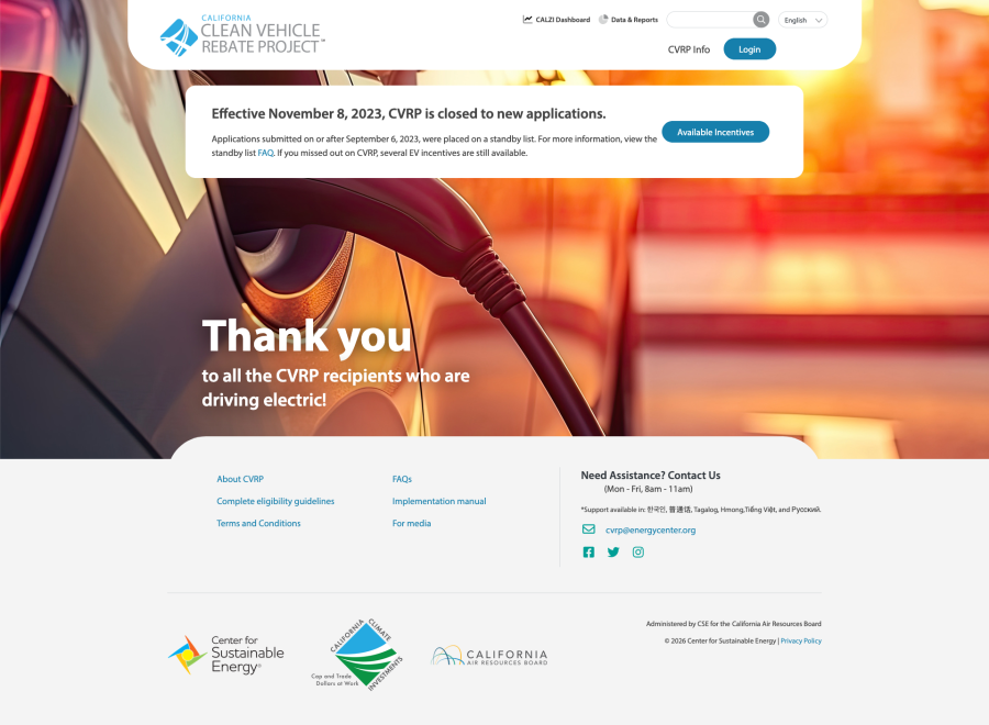 California Clean Vehicle Rebate Project homepage with an EV charging photo and a "Thank you to all the CVRP recipients who are driving electric" message.