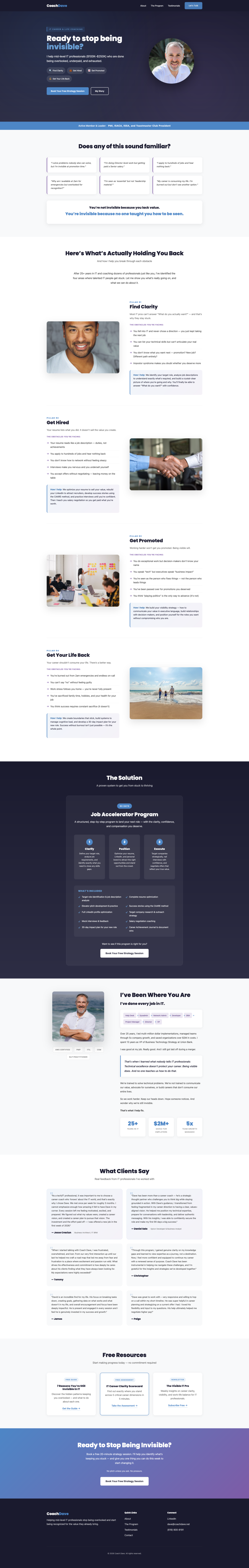 Full-length Coach Dave IT career coaching landing page with a "Ready to Stop Being Invisible?" hero section, program details, testimonials, and free resources.
