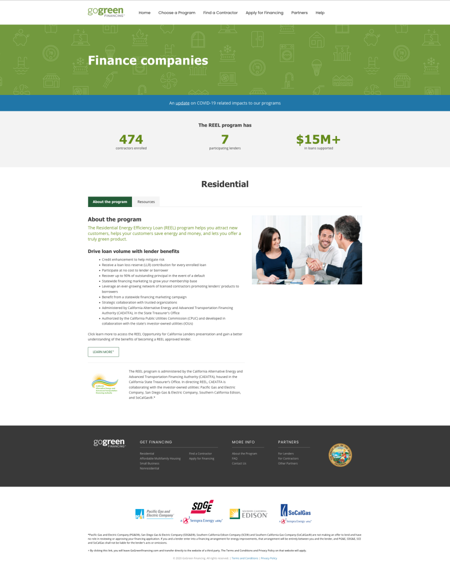 GoGreen Financing "Finance companies" page showing REEL program statistics and a description of the residential energy efficiency loan program for lenders.