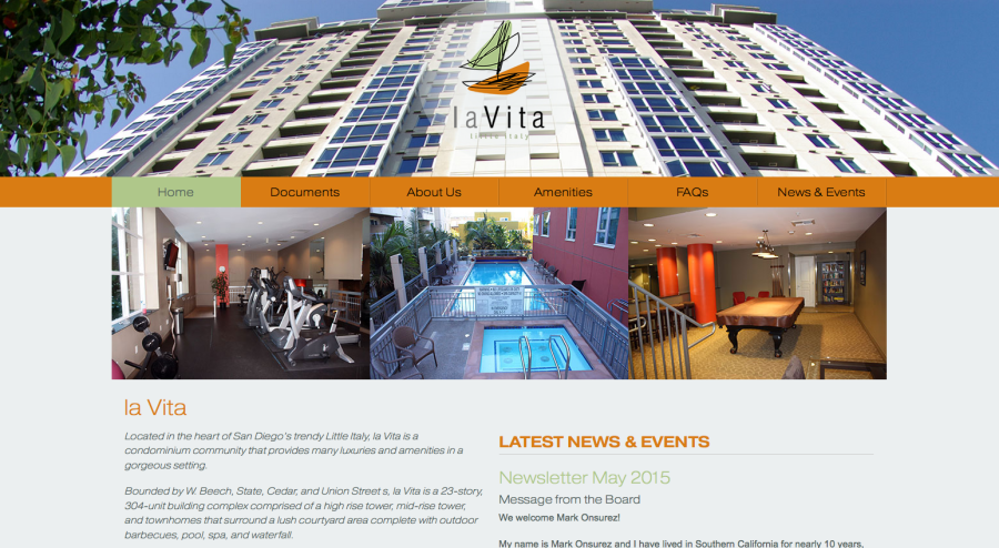 la Vita Little Italy homeowners association homepage with a high-rise exterior photo and thumbnail images of the building's gym, pool, and lounge amenities.