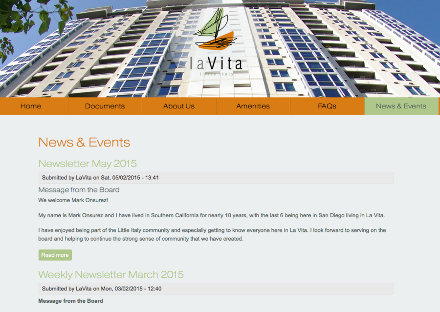 la Vita HOA news and events page showing a May 2015 newsletter message from the board welcoming a new member.