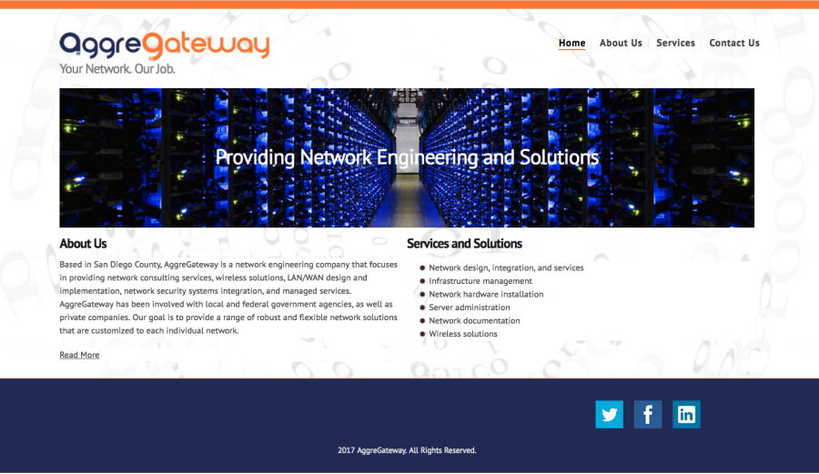AggreGateway network engineering company homepage with a server room hero image and a list of services including network design, infrastructure management, and wireless solutions.