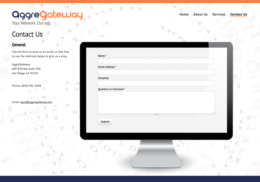AggreGateway contact page with a form for name, email, company, and message displayed on an illustrated desktop monitor.