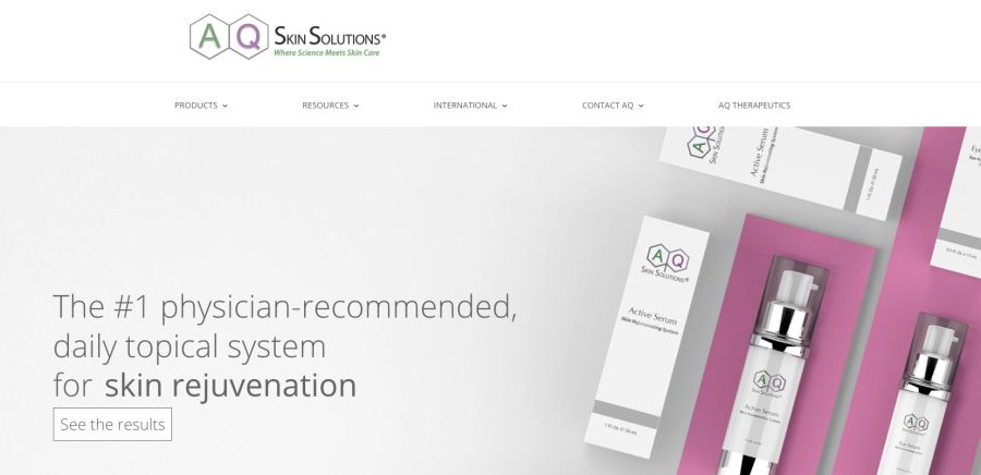 AQ Skin Solutions homepage featuring Active Serum and Eye Serum product bottles alongside the tagline "The #1 physician-recommended daily topical system for skin rejuvenation."