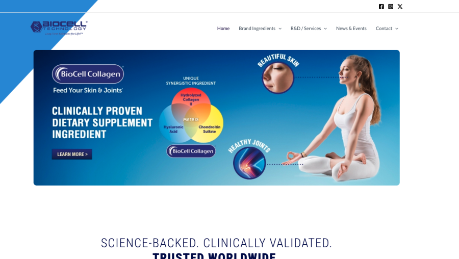 BioCell Technology homepage with a hero graphic illustrating the ingredient's collagen, hyaluronic acid, and chondroitin sulfate matrix for skin and joint health.