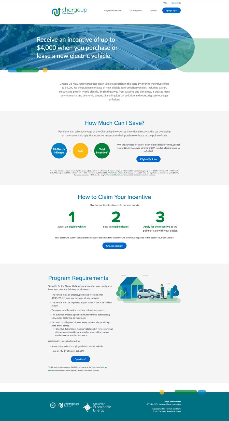 Charge Up New Jersey homepage after the redesign