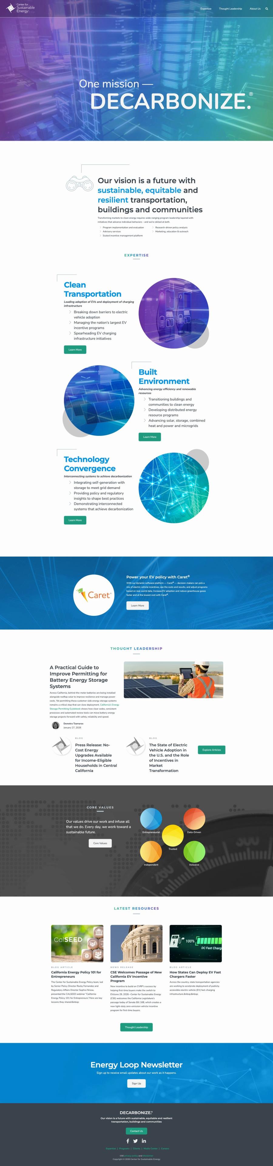 Screenshot of the EnergyCenter.org homepage, showing the "One mission, decarbonize" hero banner and sections for Clean Transportation, Built Environment, and Technology Convergence.