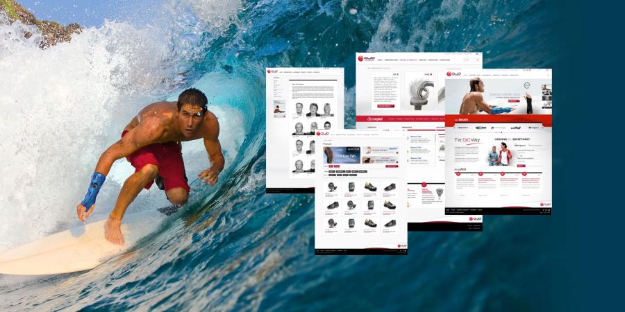 Composite of DJO Global website pages overlaid on a surfing action photo, showing the corporate homepage, brands and products pages, employee directory, and online store.