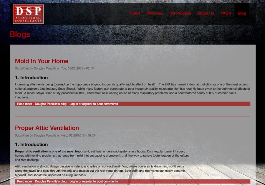 DSP Inspections blog page listing articles on mold in the home and proper attic ventilation.