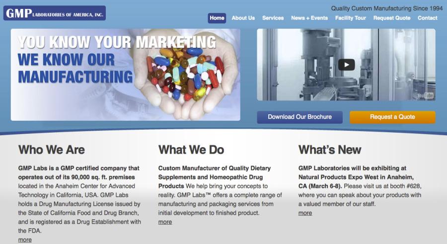 GMP Laboratories of America homepage with a hero image of pills in cupped hands and an embedded facility video under the tagline "You Know Your Marketing, We Know Our Manufacturing."