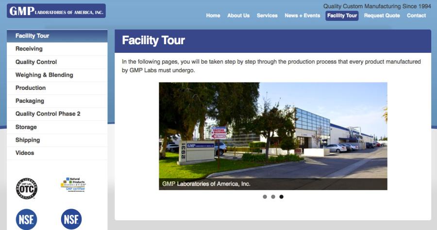 GMP Laboratories facility tour page showing an exterior photo of the company's Anaheim manufacturing building with a sidebar listing each production step.