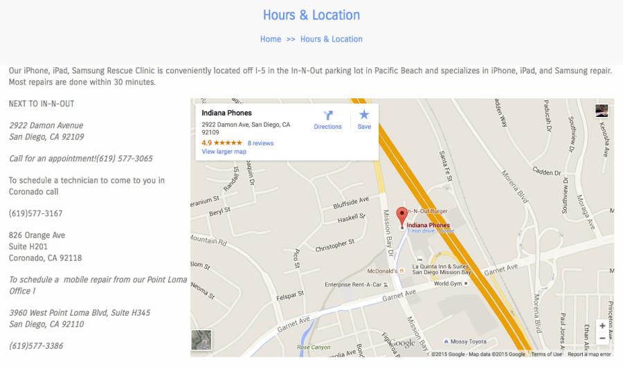 Indiana Phones hours and location page with a Google Map showing the Pacific Beach shop location and contact details for three San Diego locations.