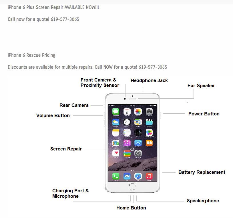 Indiana Phones iPhone 6 Plus screen repair page with pricing information and a labeled diagram of an iPhone's buttons, ports, and components.