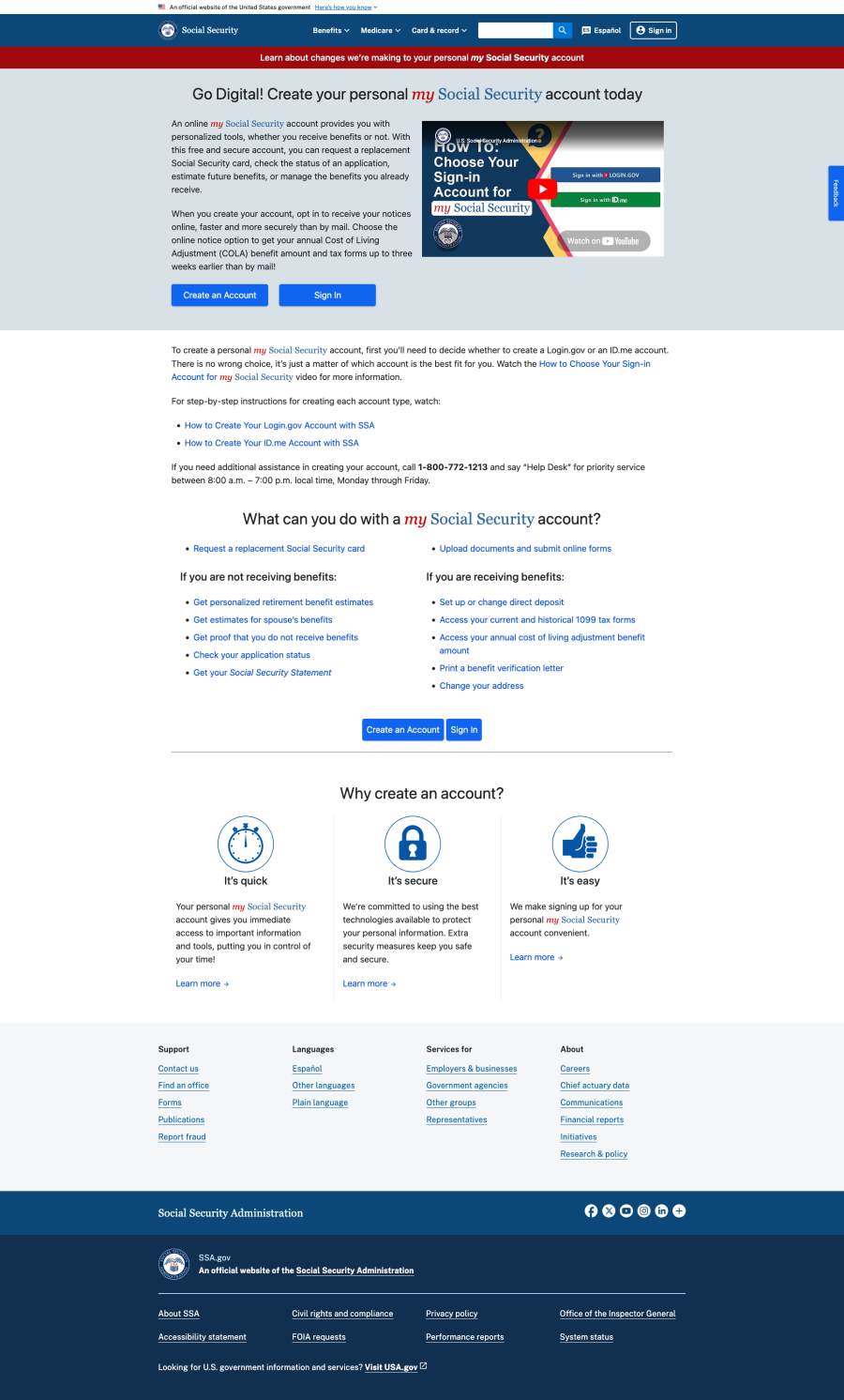 Screenshot of the SSA.gov homepage promoting personal "my Social Security" account creation, with Create an Account and Sign In buttons.