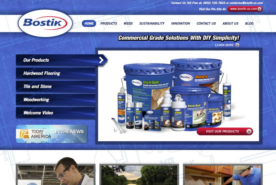 Bostik homepage featuring a lineup of adhesive and flooring product buckets and tubes with a "Commercial Grade Solutions With DIY Simplicity" banner.