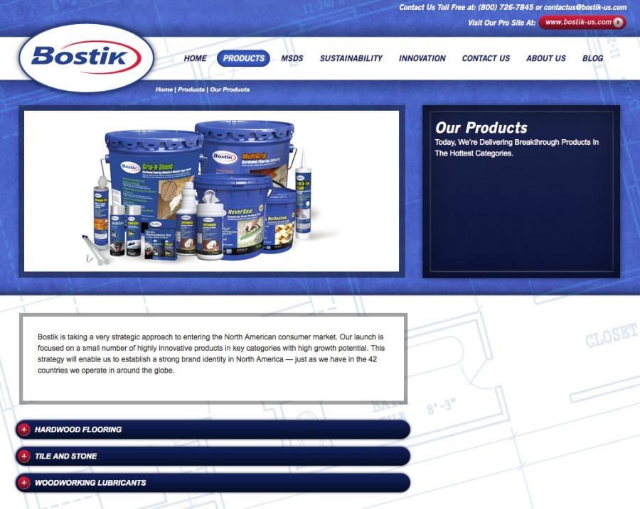 Bostik products page showing the same adhesive product lineup alongside a company overview and category links for hardwood flooring, tile and stone, and woodworking lubricants.