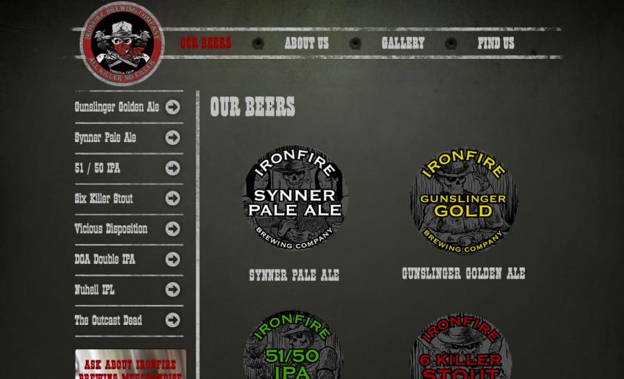 Screenshot of the Ironfire Brewing website's Our Beers page, listing the beer lineup with circular label graphics for Synner Pale Ale and Gunslinger Golden Ale.