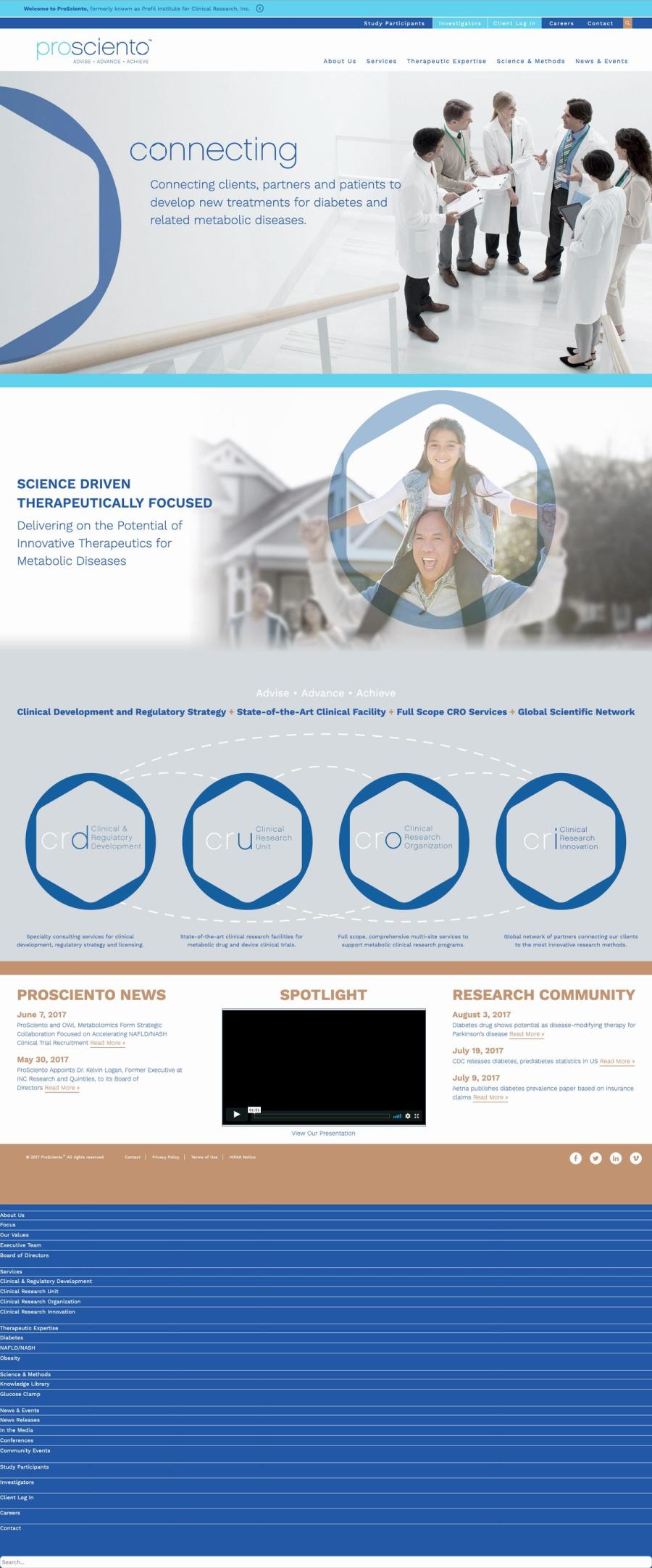 The ProSciento home page, headlined "Connecting clients, partners and patients to develop new treatments for diabetes and related metabolic diseases".