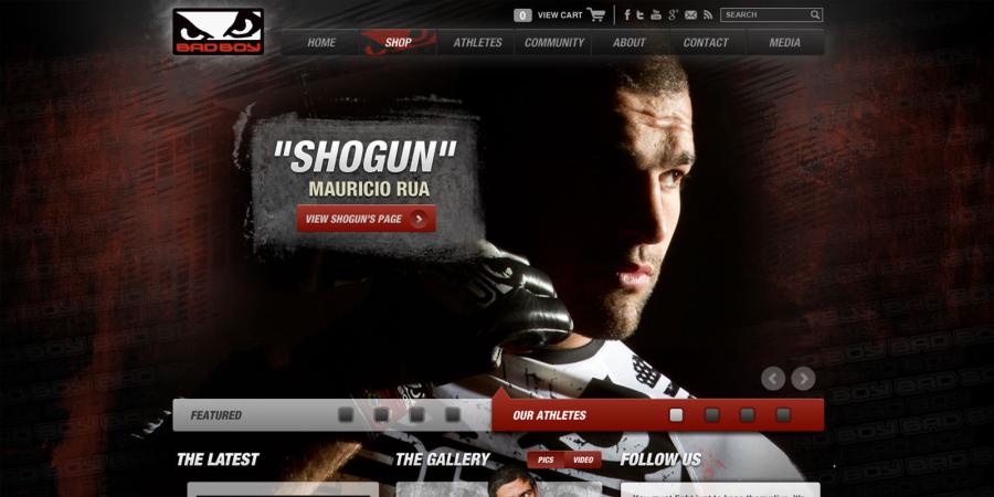 Bad Boy MMA apparel homepage featuring UFC fighter Mauricio "Shogun" Rua in a dark, red-accented design with an athlete spotlight and gallery navigation.