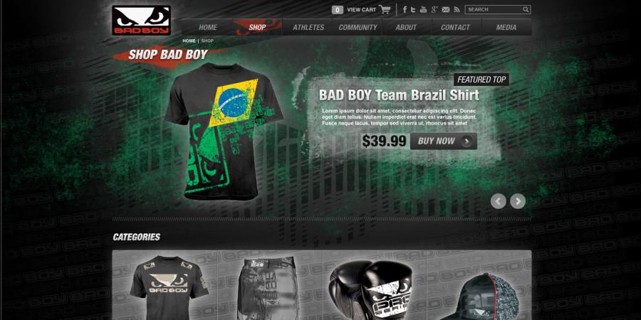 Bad Boy online shop page showing a featured Team Brazil graphic t-shirt for $39.99 alongside a grid of apparel categories.