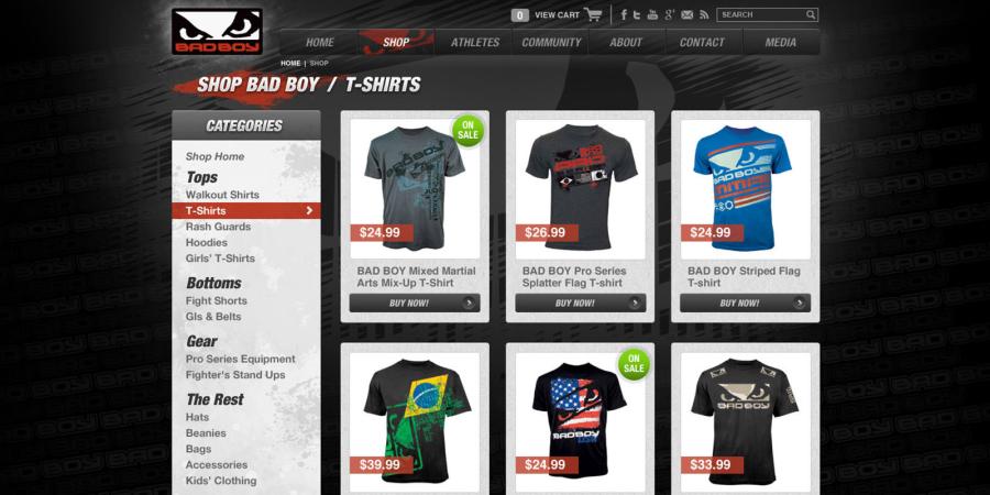 Bad Boy T-Shirts category page showing a grid of six graphic tees with pricing, sale badges, and a category sidebar.